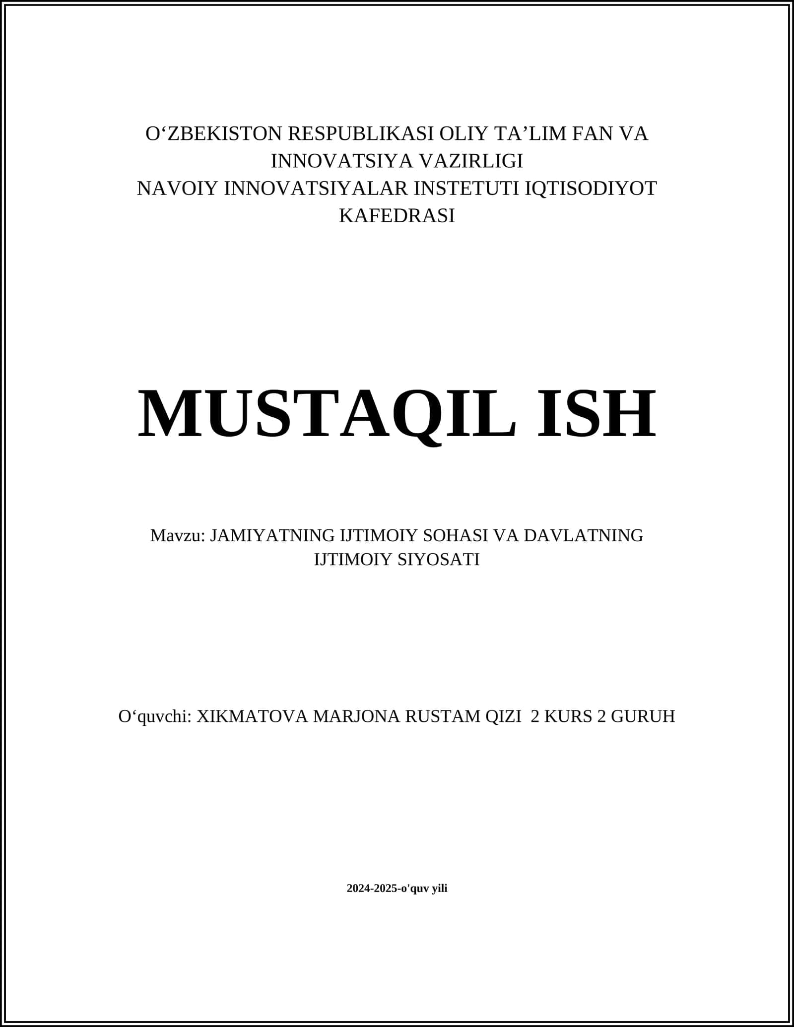 JAMIYATNING IJTIMOIY SOHASI VA DAVLATNING IJTIMOIY SIYOSATI 1