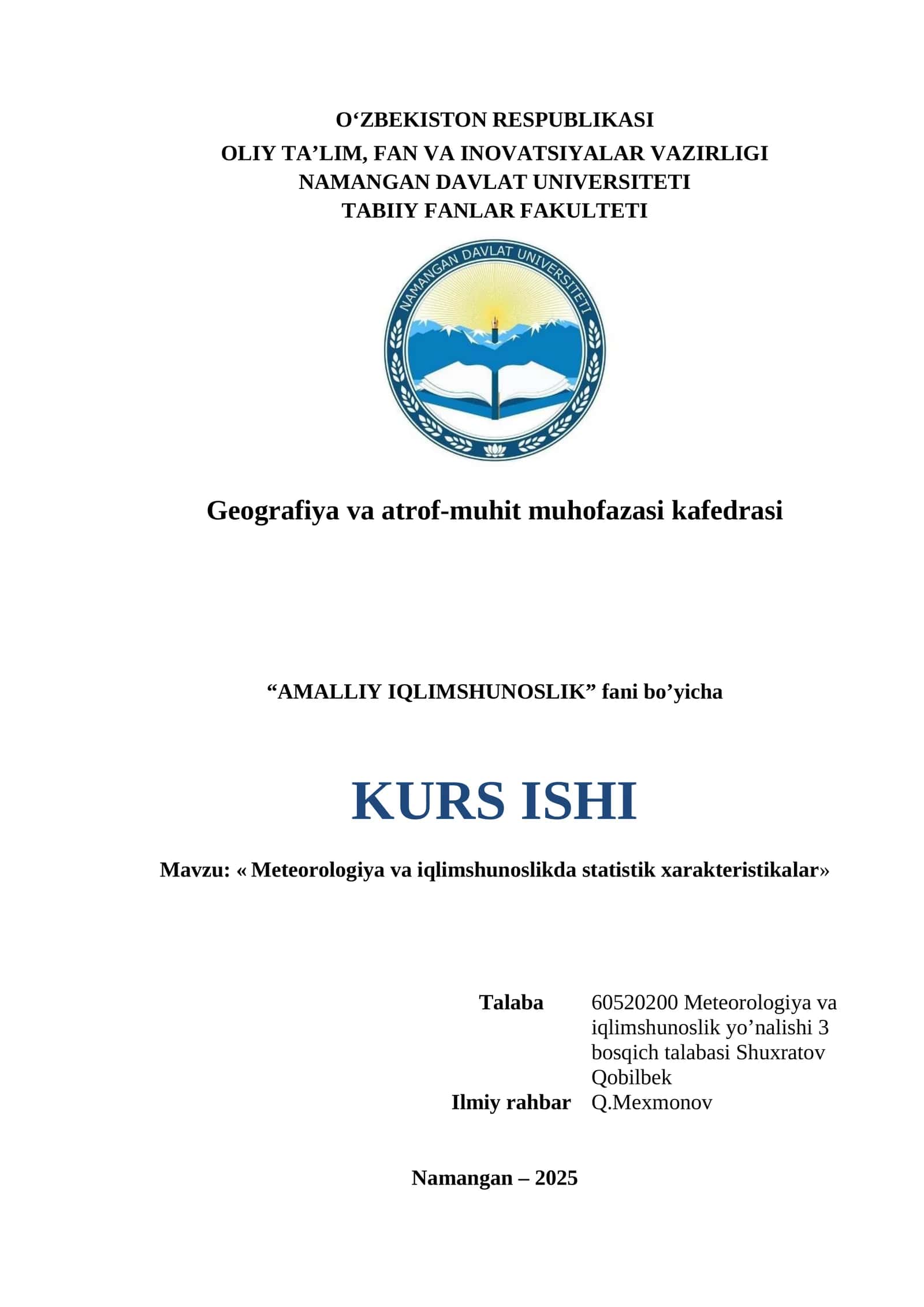 Meteorologiya va iqlimshunoslikda statistik xarakteristikalar 1