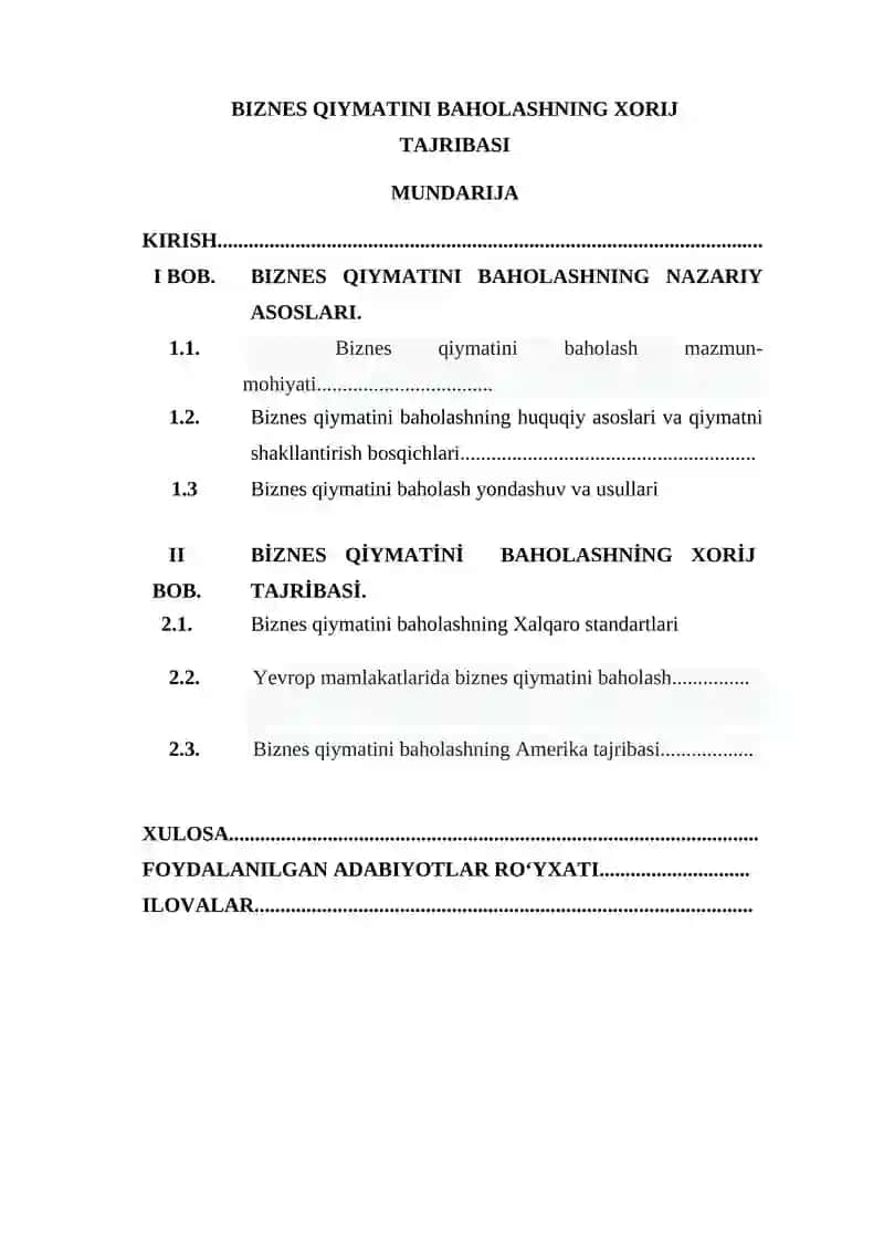 BIZNES QIYMATINI BAHOLASHNING XORIJ TAJRIBASI