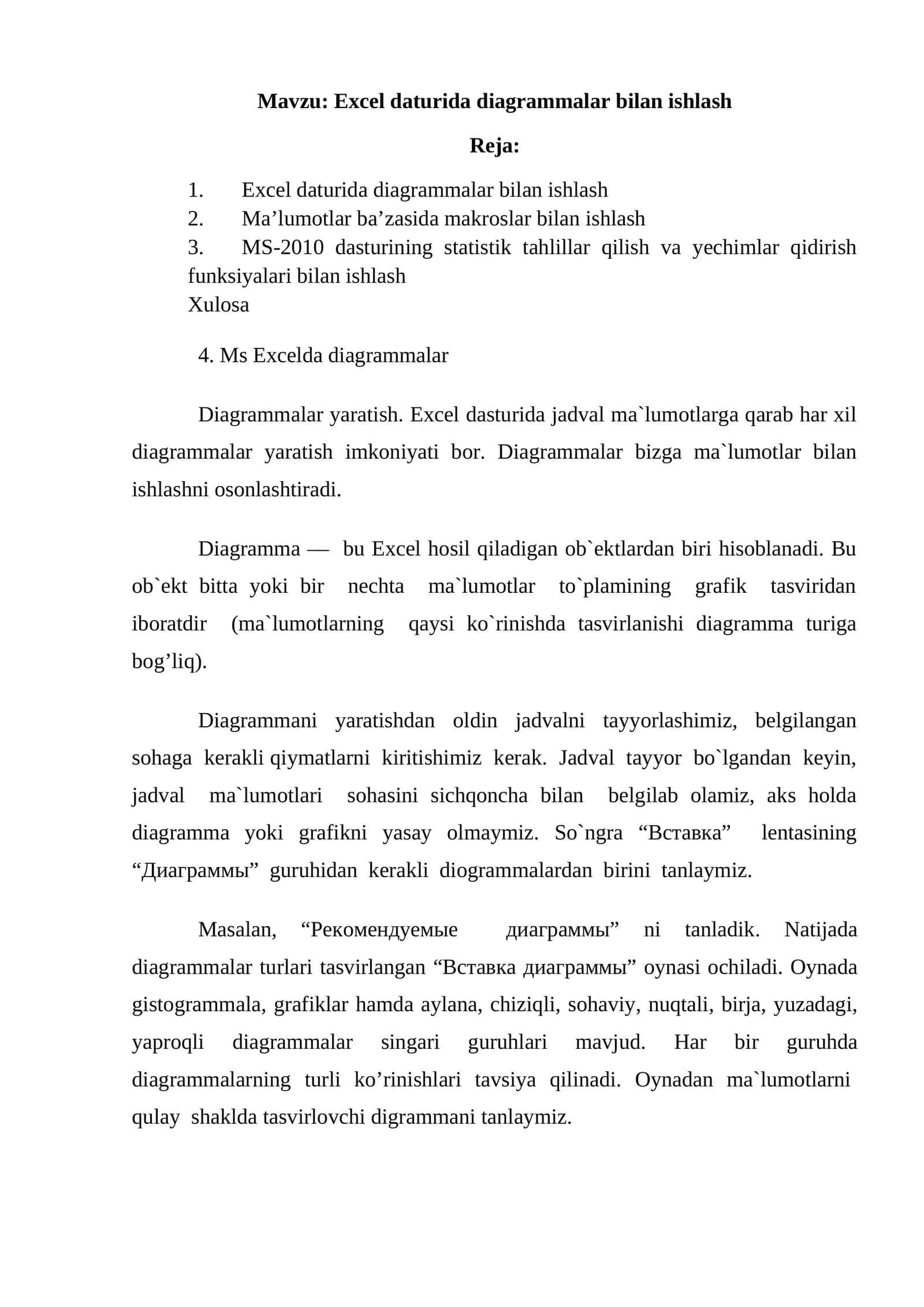 Excel daturida diagrammalar bilan ishlash 1