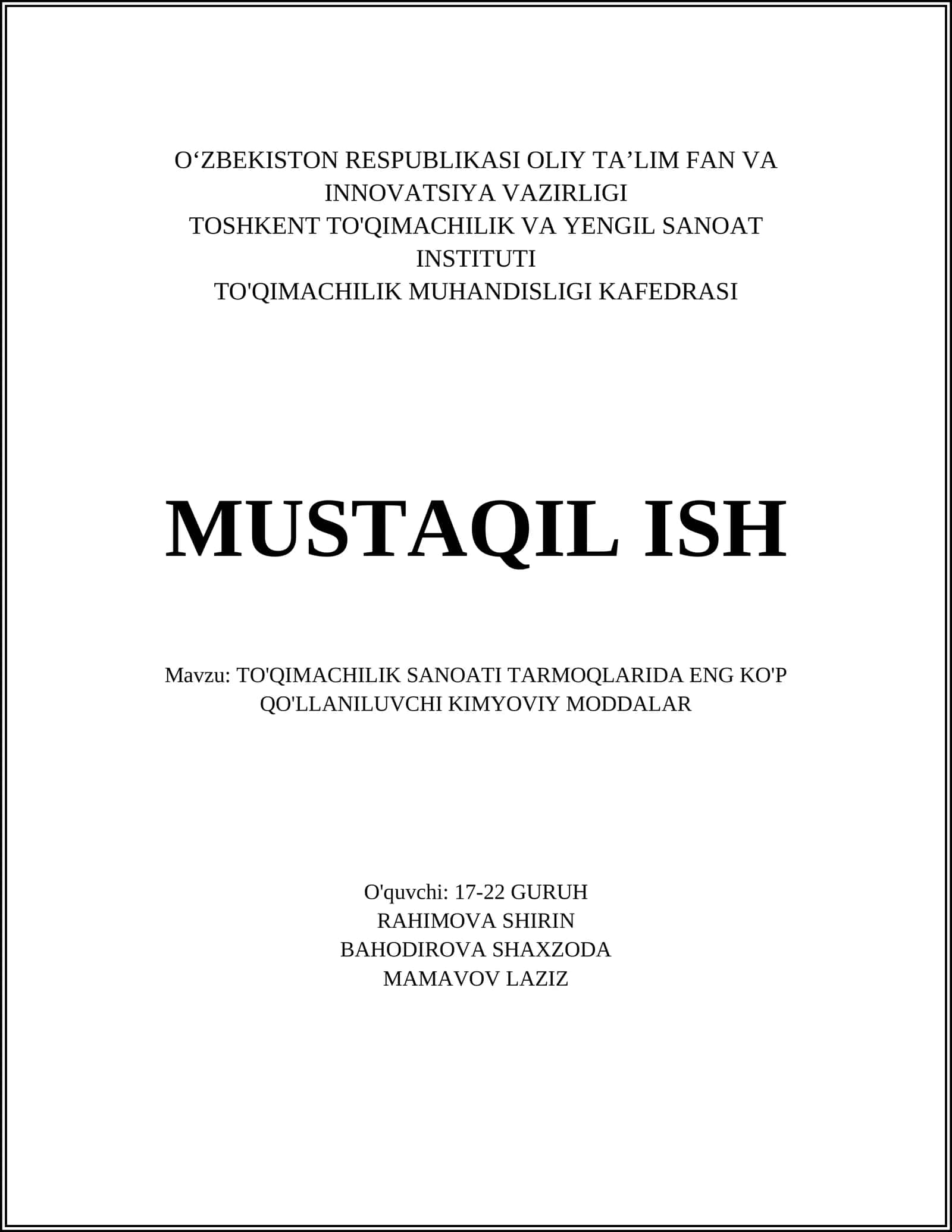 TO'QIMACHILIK SANOATI TARMOQLARIDA ENG KO'P QO'LLANILUVCHI KIMYOVIY MODDALAR 1