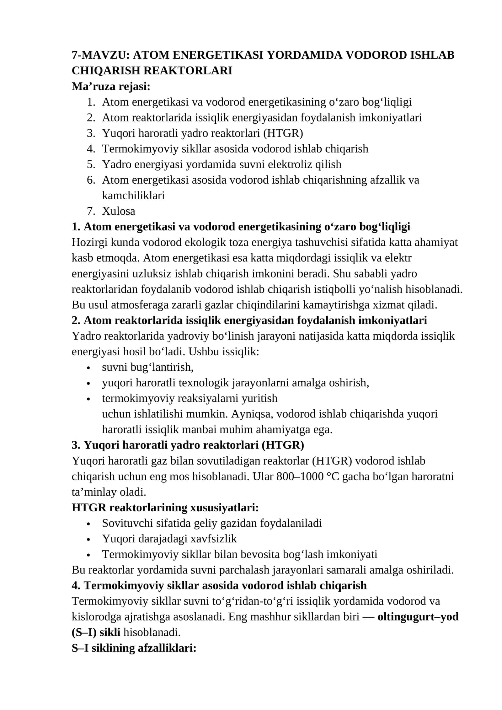 ATOM ENERGETIKASI YORDAMIDA VODOROD ISHLAB CHIQARISH REAKTORLARI 1