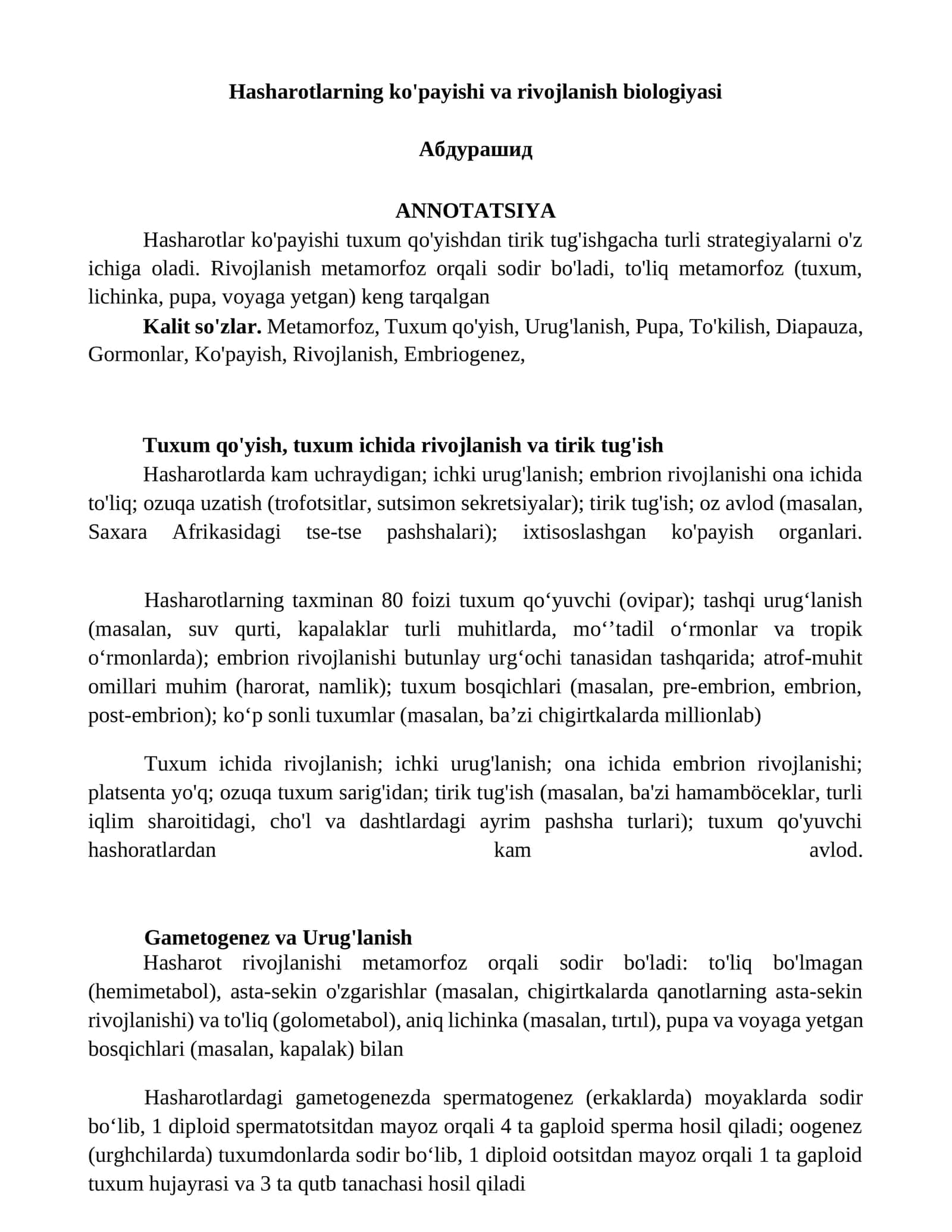 Hasharotlarning ko'payishi va rivojlanish biologiyasi 1