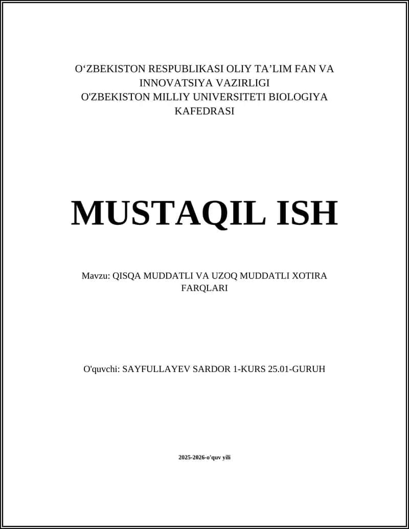 QISQA MUDDATLI VA UZOQ MUDDATLI XOTIRA FARQLARI 1