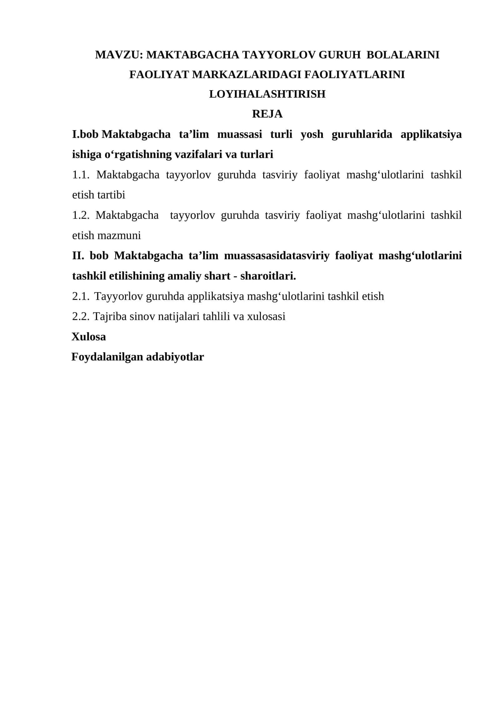 MAKTABGACHA TAYYORLOV GURUH BOLALARINI FAOLIYAT MARKAZLARIDAGI FAOLIYATLARINI LOYIHALASHTIRISH 1