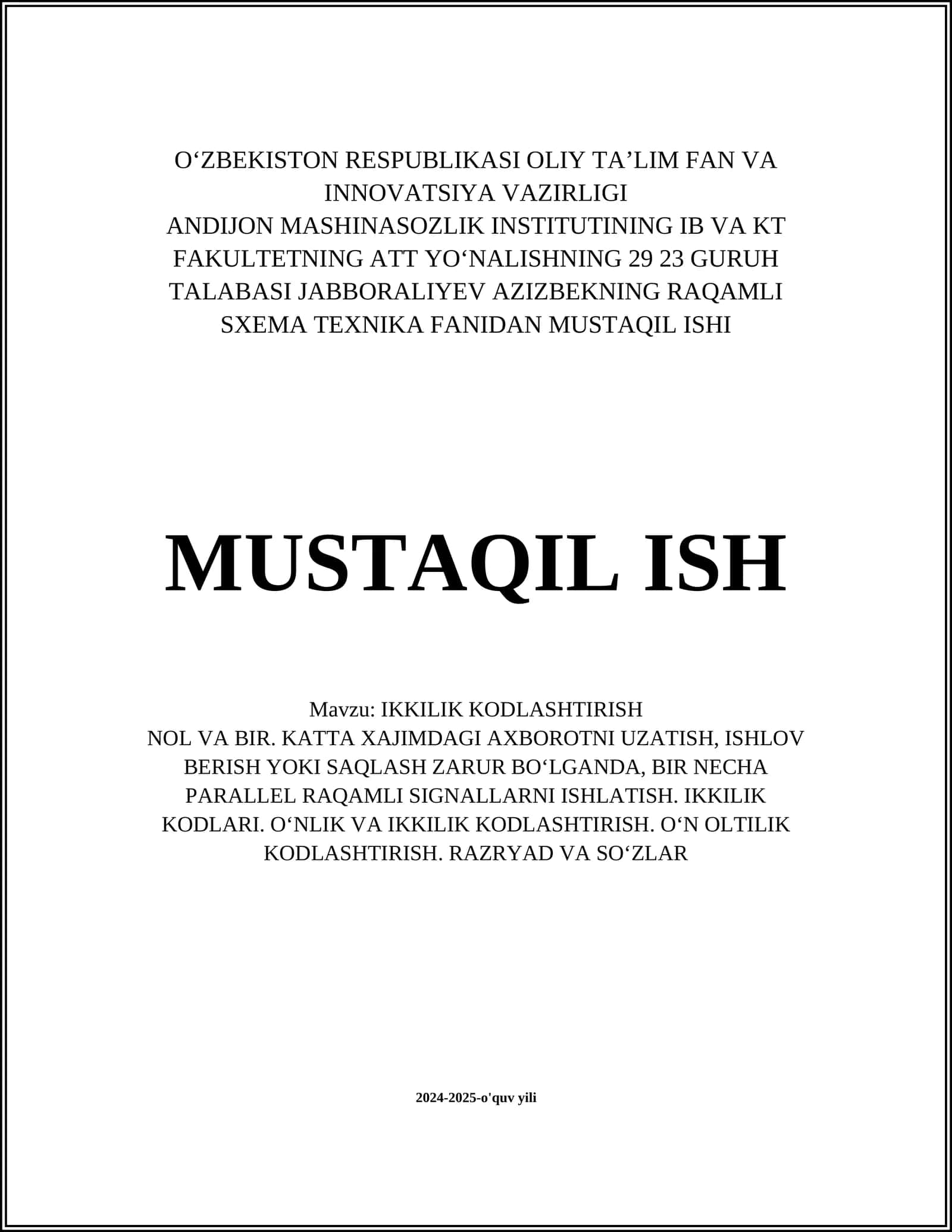 RAQAMLI SXEMA TEXNIKA FANIDAN MUSTAQIL ISHI 1