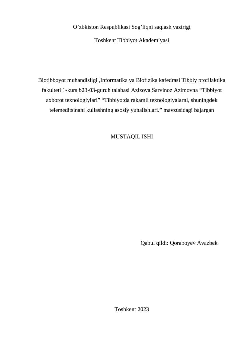Tibbiyotda rakamli texnologiyalarni, shuningdek telemeditsinani kullashning asosiy yunalishlari 1