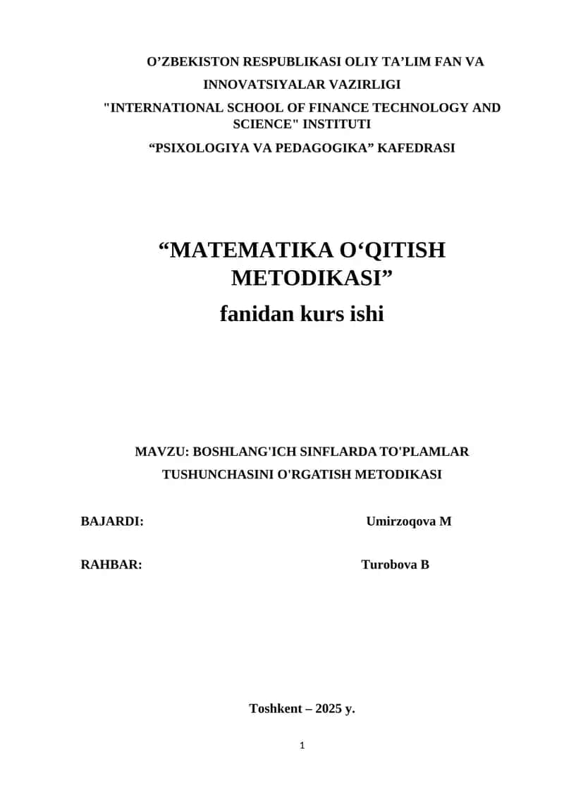 BOSHLANG'ICH SINFLARDA TO'PLAMLAR TUSHUNCHASINI O'RGATISH METODIKASI 1