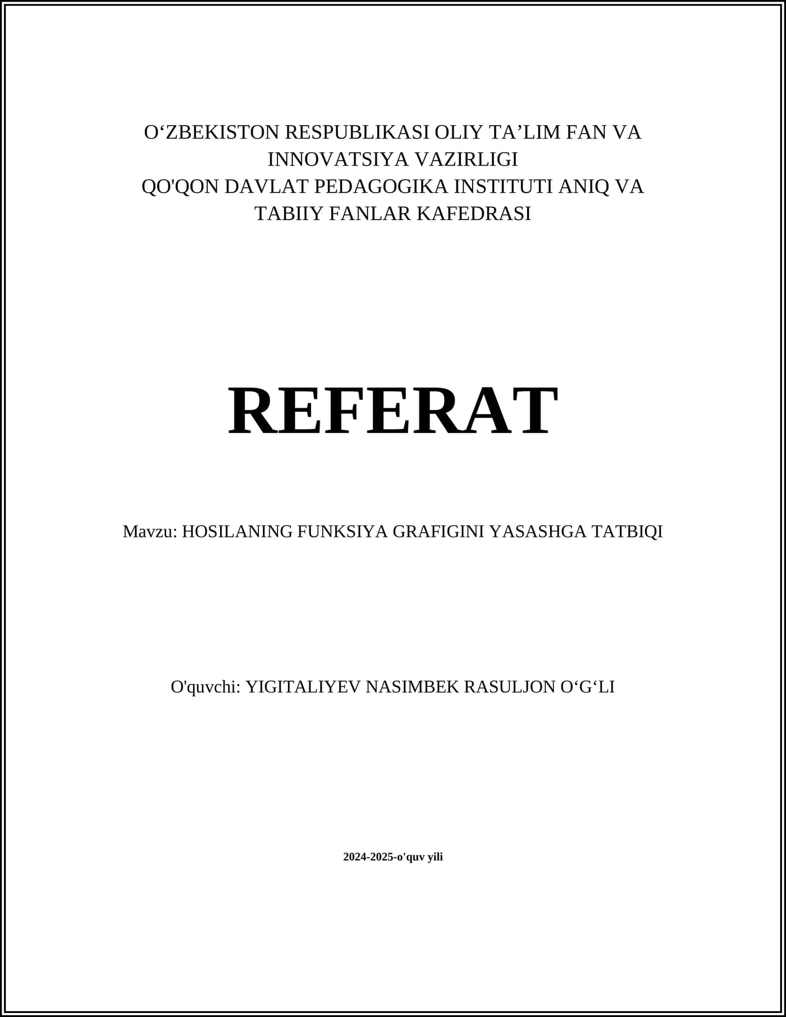 HOSILANING FUNKSIYA GRAFIGINI YASASHGA TATBIQI 1