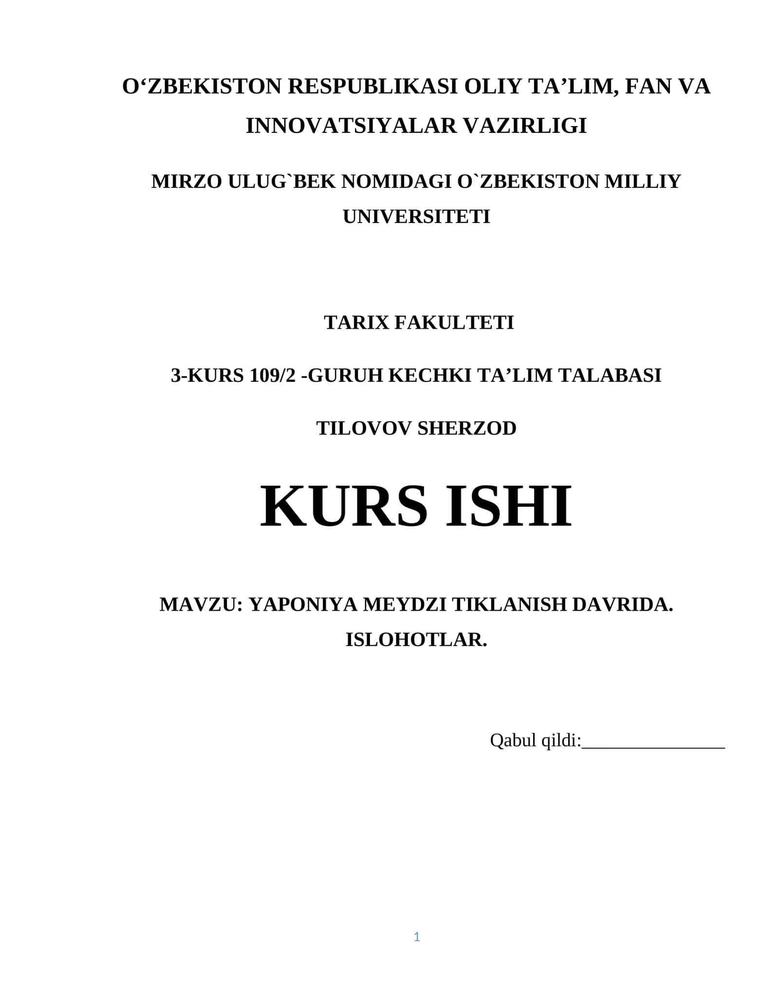 YAPONIYA MEYDZI TIKLANISH DAVRIDA. ISLOHOTLAR 1