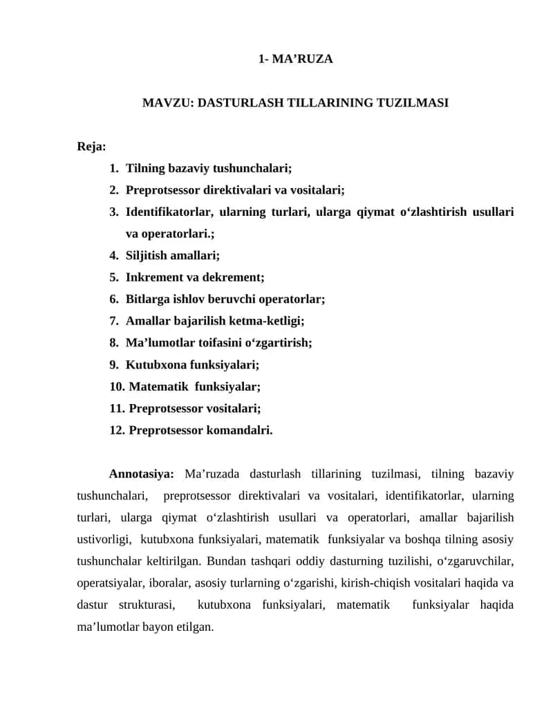 Dasturlash Tillarining Tuzilmasi 1