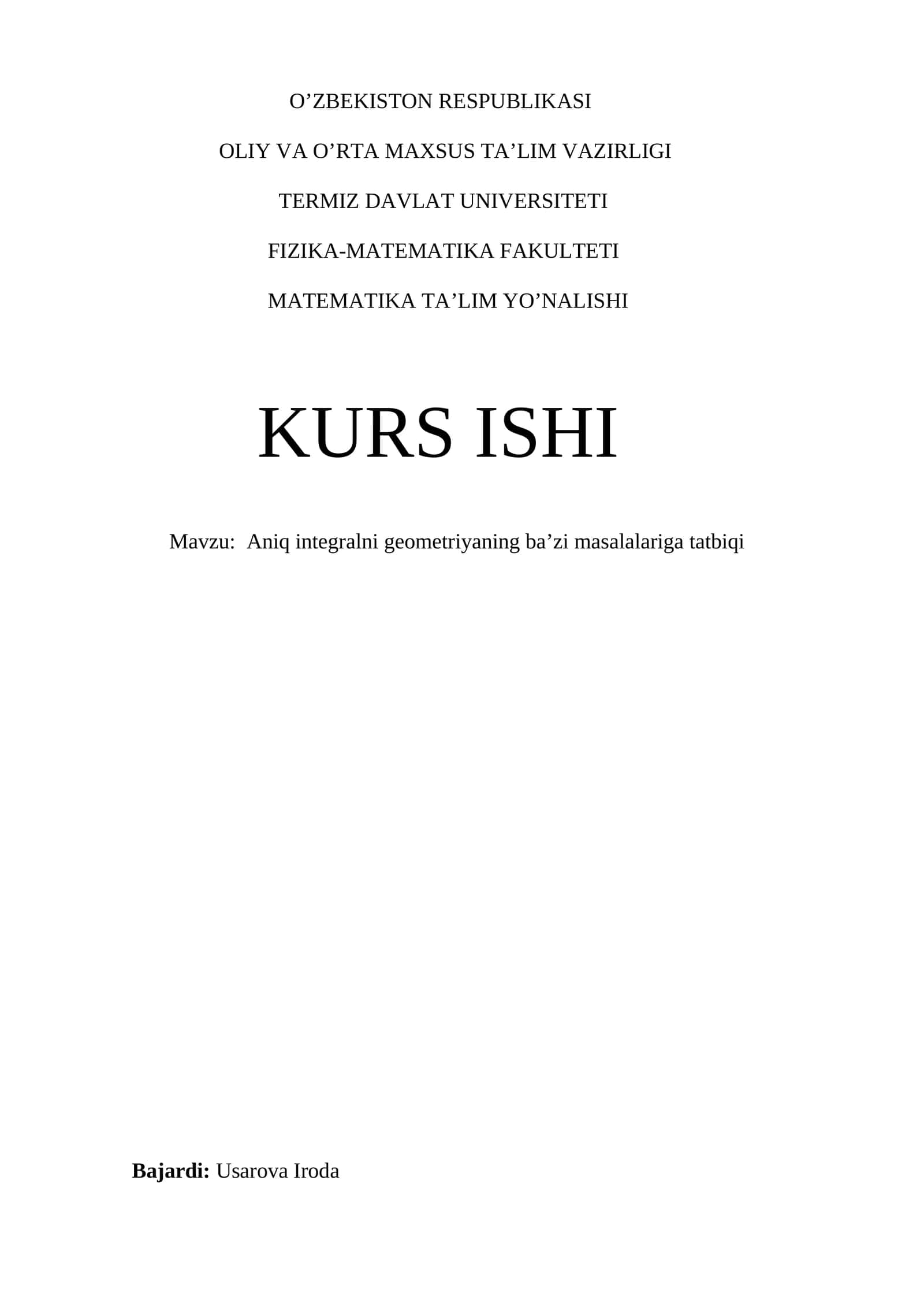 Aniq integralni geometriyaning ba’zi masalalariga tatbiqi 1