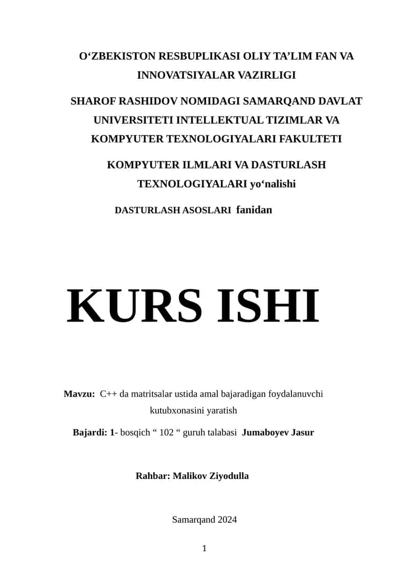 C++ da matritsalar ustida amal bajaradigan foydalanuvchi kutubxonasini yaratish 1