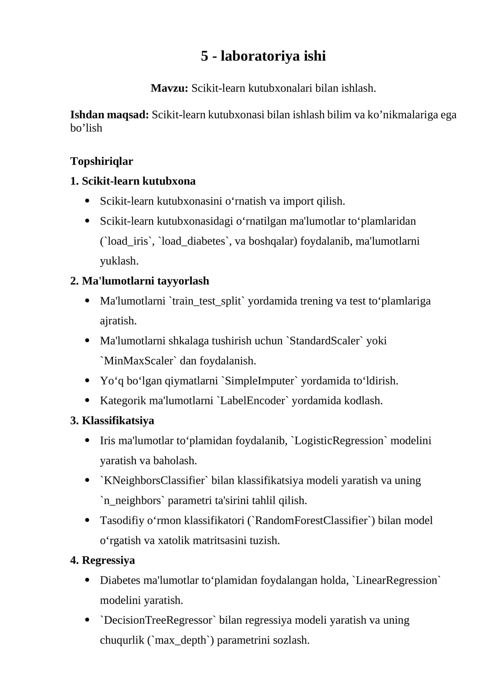 Scikit-learn kutubxonalari bilan ishlash 1