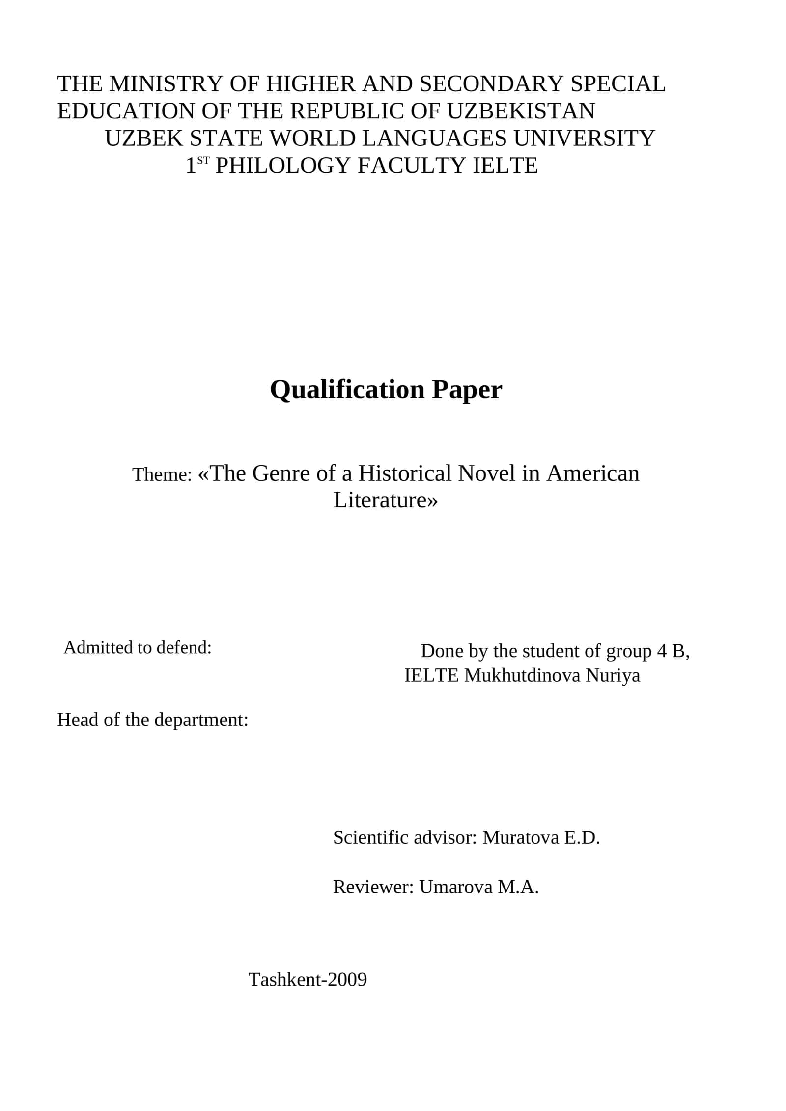 The Genre of a Historical Novel in American Literature 1