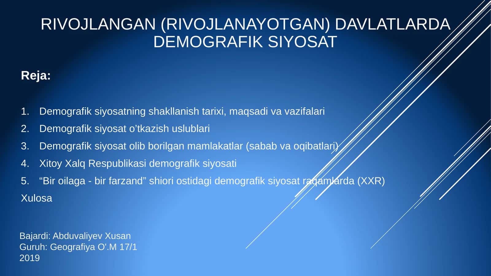 RIVOJLANGAN (RIVOJLANAYOTGAN) DAVLATLARDA DEMOGRAFIKSIYOSAT 1