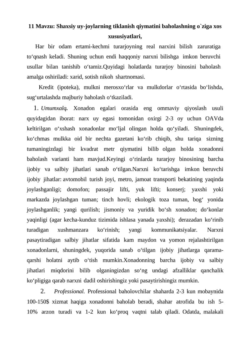 Shaxsiy uy-joylarning tiklanish qiymatini baholashning o`ziga xos xususiyatlari 1