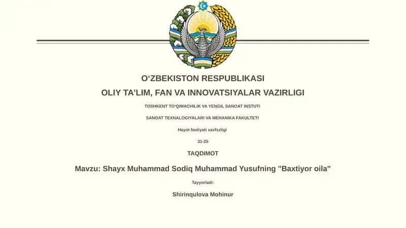 Shayx Muhammad Sodiq Muhammad Yusufning "Baxtiyor oila" 1