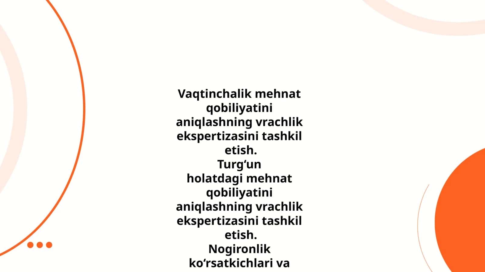 Vaqtinchalik mehnat qobiliyatini aniqlashning vrachlik ekspertizasini tashkil etish. Turg‘un holatdagi mehnat qobiliyatini aniqlashning vrachlik ekspertizasini tashkil etish. Nogironlik ko‘rsatkichlari va ularni hisoblash usullari. Aholi salomatligini baholashda nogironlik ko‘rsatkichlarini o‘rni 1
