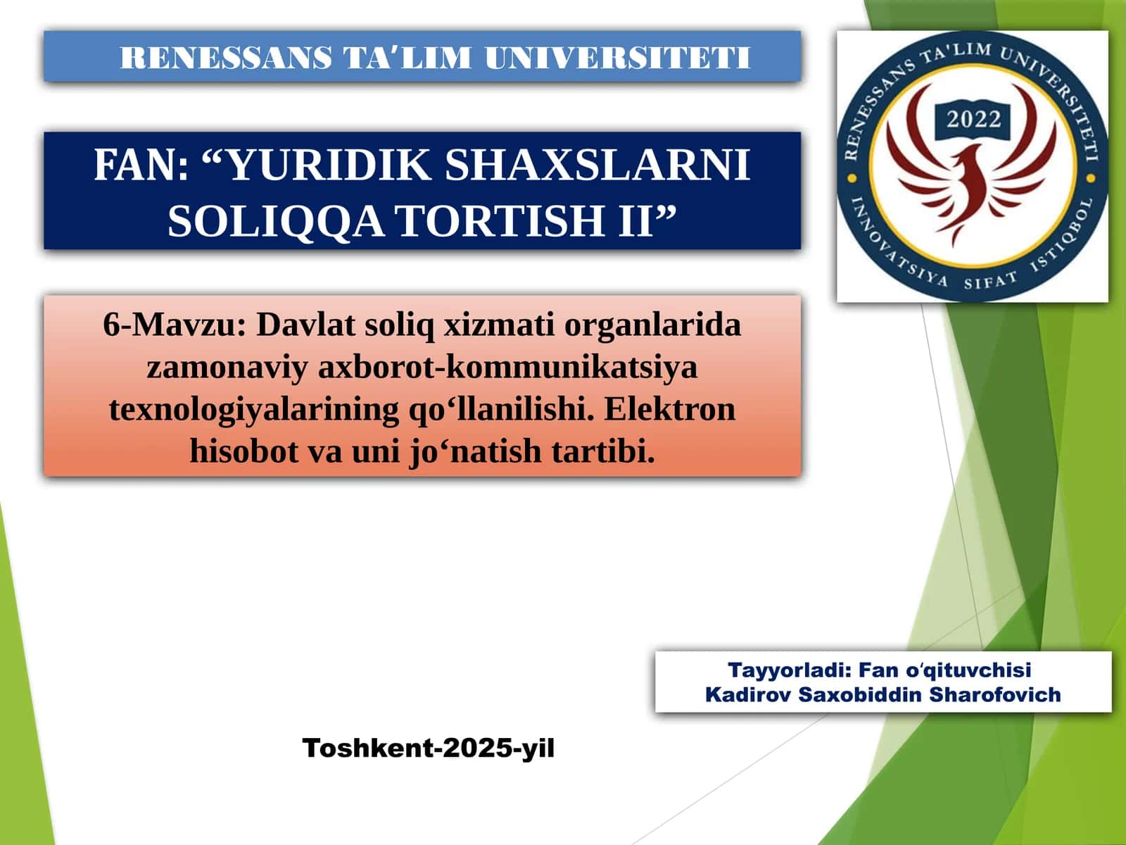 YURIDIK SHAXSLARNI SOLIQQA TORTISH II 1