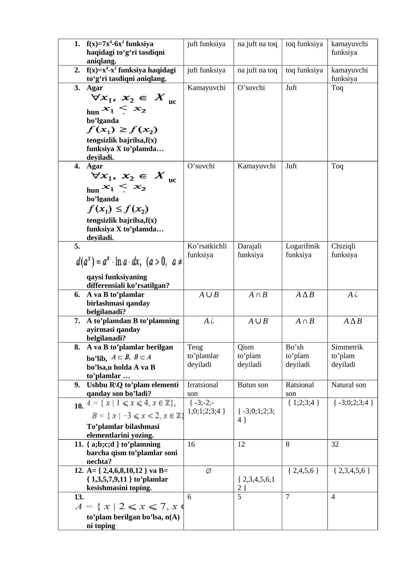 f(x)=7x4-6x2 funksiya haqidagi to‘g‘ri tasdiqni aniqlang 1