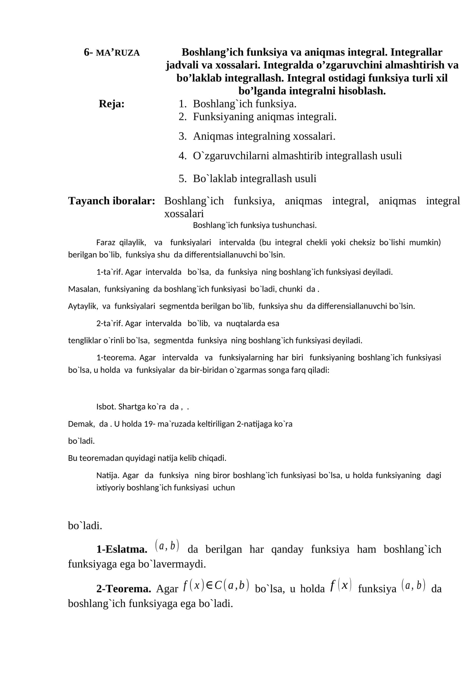 Boshlang`ich funksiya va aniqmas integral 1