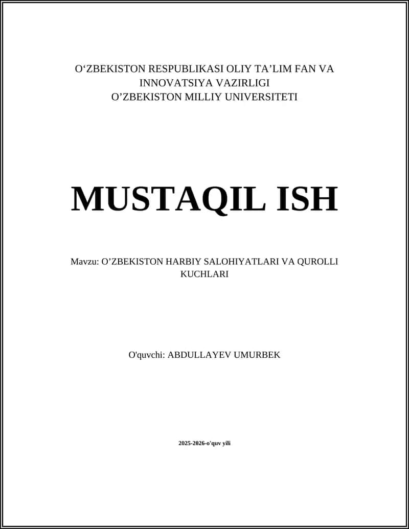 O'ZBEKISTON HARBIY SALOHIYATLARI VA QUROLLI KUCHLARI 1