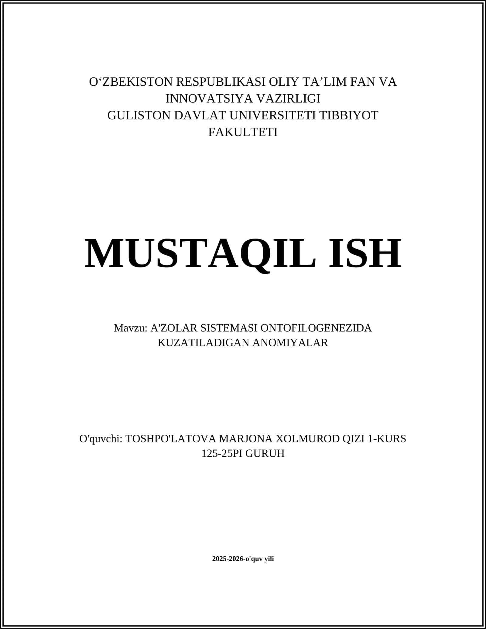 A'zolar sistemasi ontofilogenezida kuzatiladigan anomiyalar 1