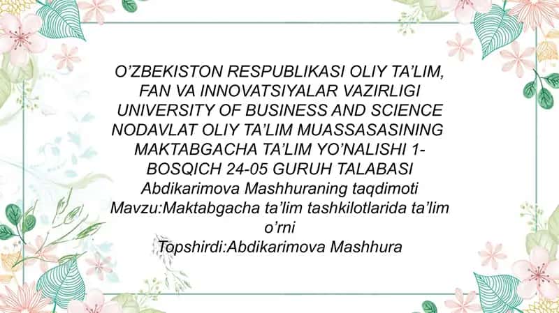 Maktabgacha ta’lim tashkilotlarida ta’lim o’rni 1