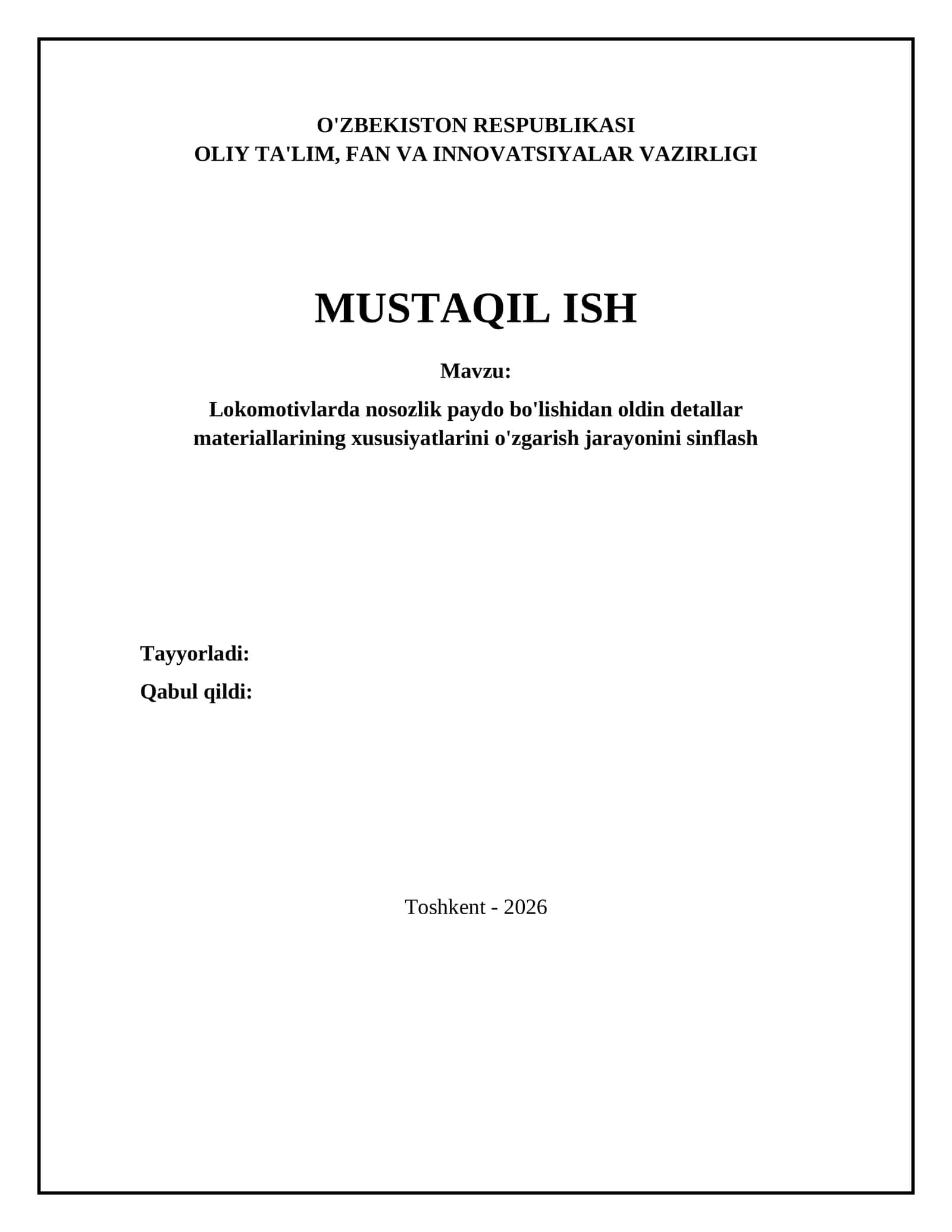 Lokomotivlarda nosozlik paydo bo'lishidan oldin detallar materiallarining xususiyatlarini o'zgarish jarayonini sinflash 1