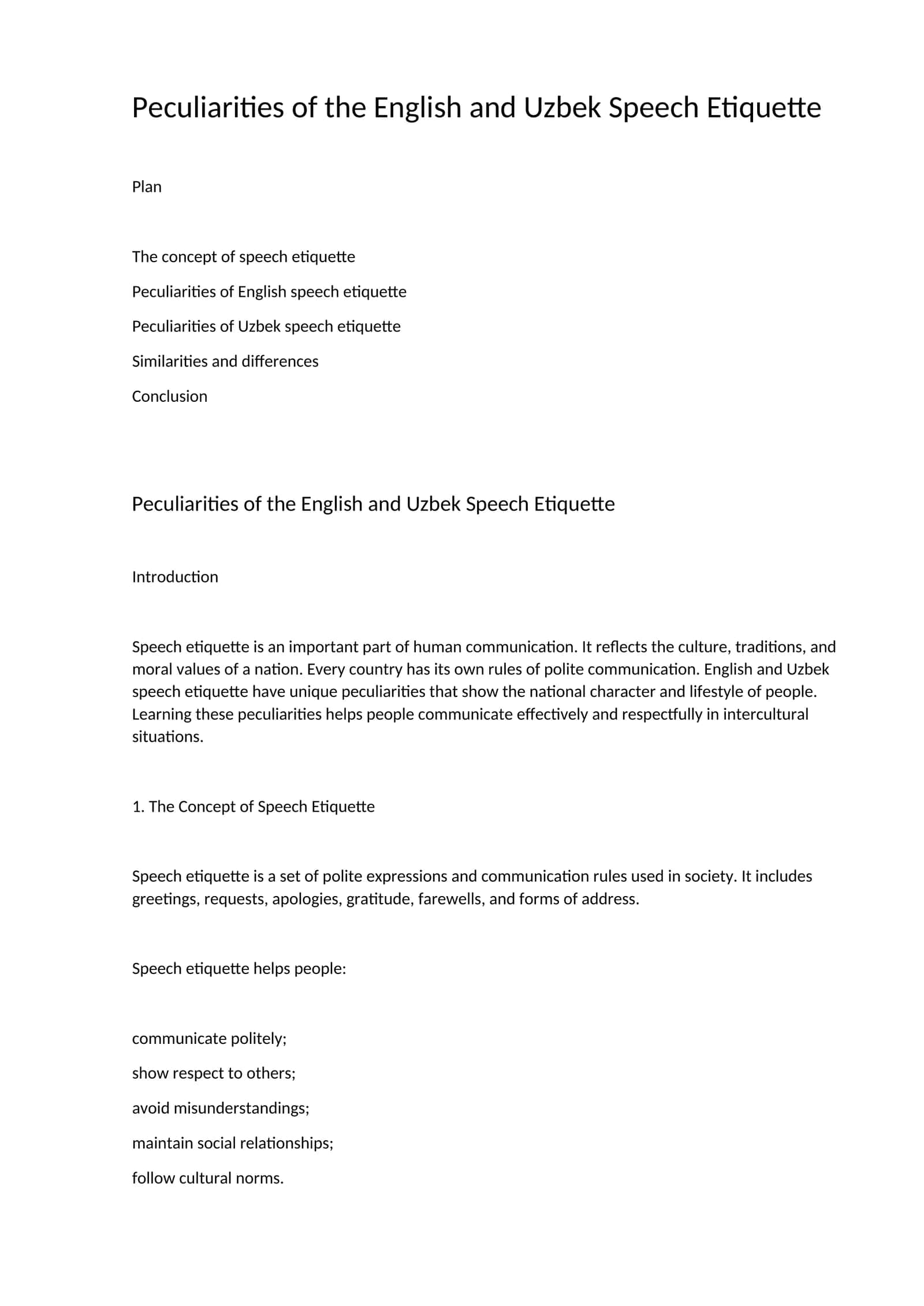 Peculiarities of the English and Uzbek Speech Etiquette 1