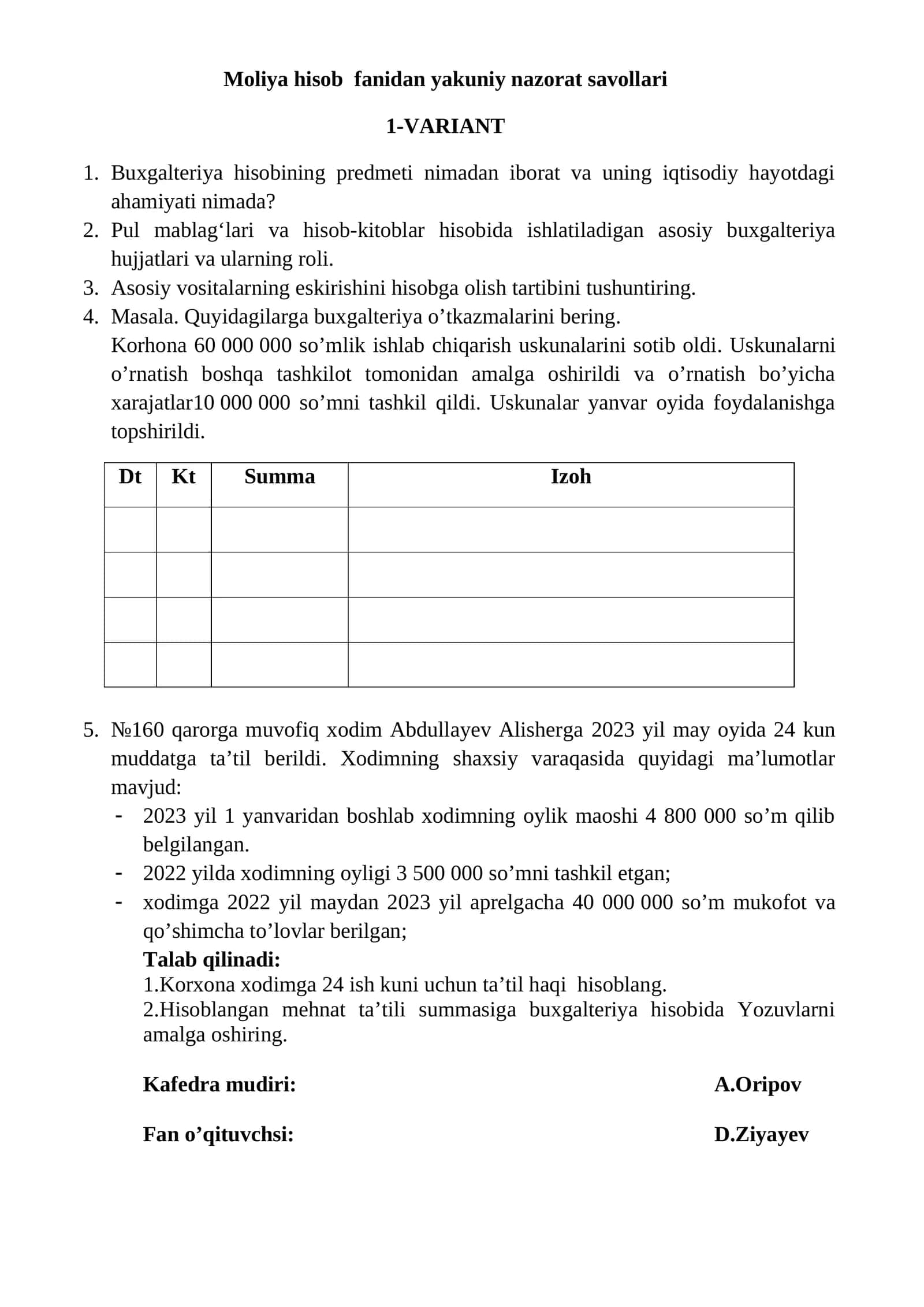 Moliya hisob fanidan yakuniy nazorat savollari 1