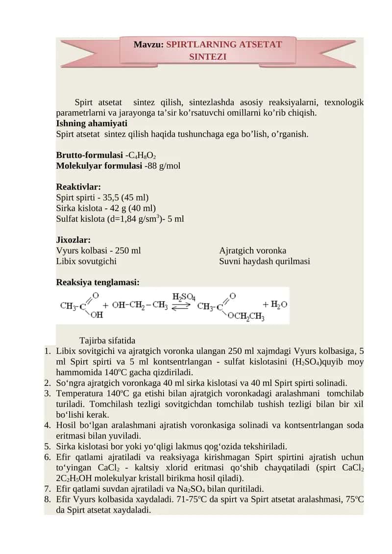 SPIRTNING ATSETAT SINTEZI 1