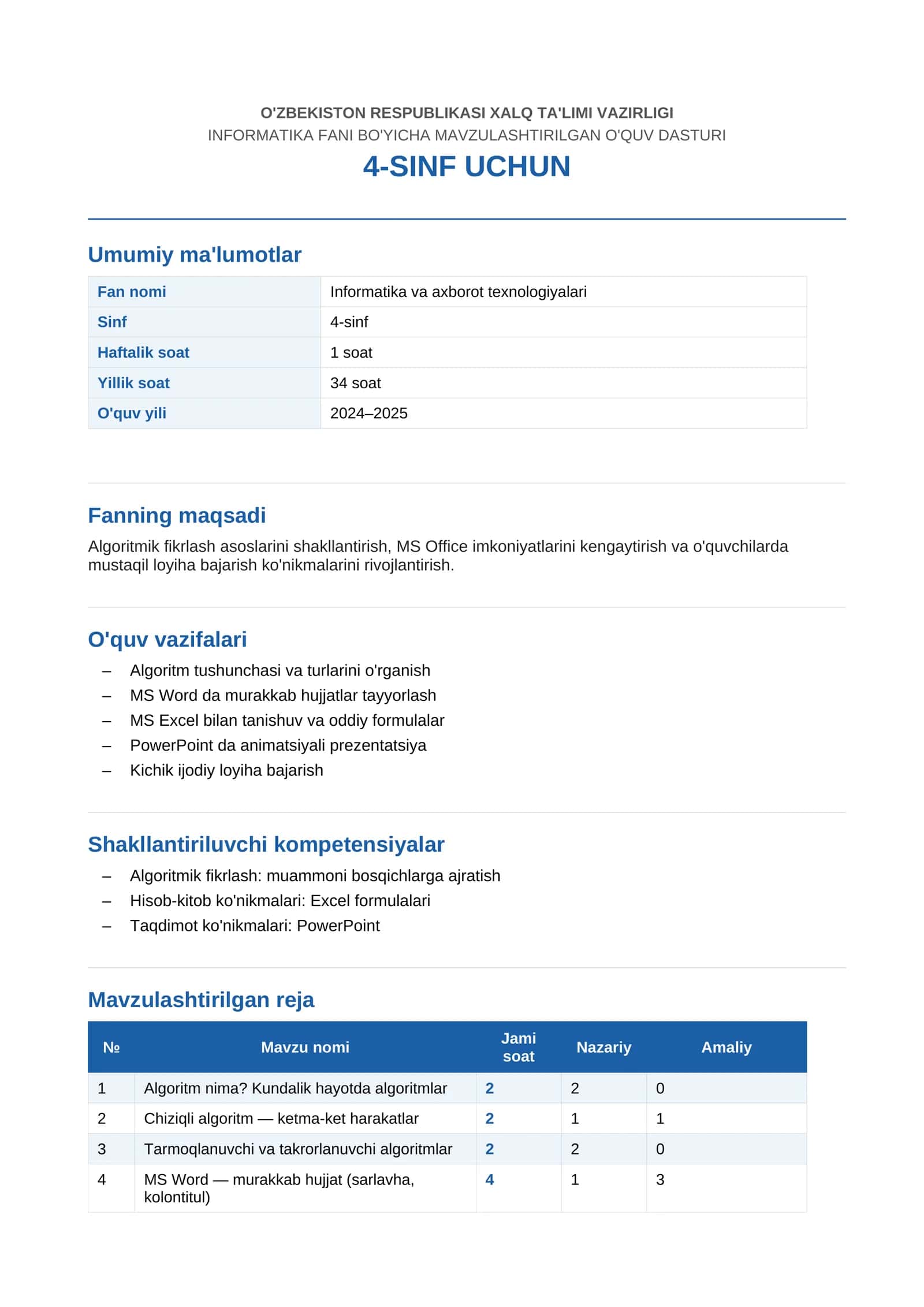 INFORMATIKA FANI BO'YICHA MAVZULASHTIRILGAN O'QUV DASTURI 4-SINF UCHUN 1