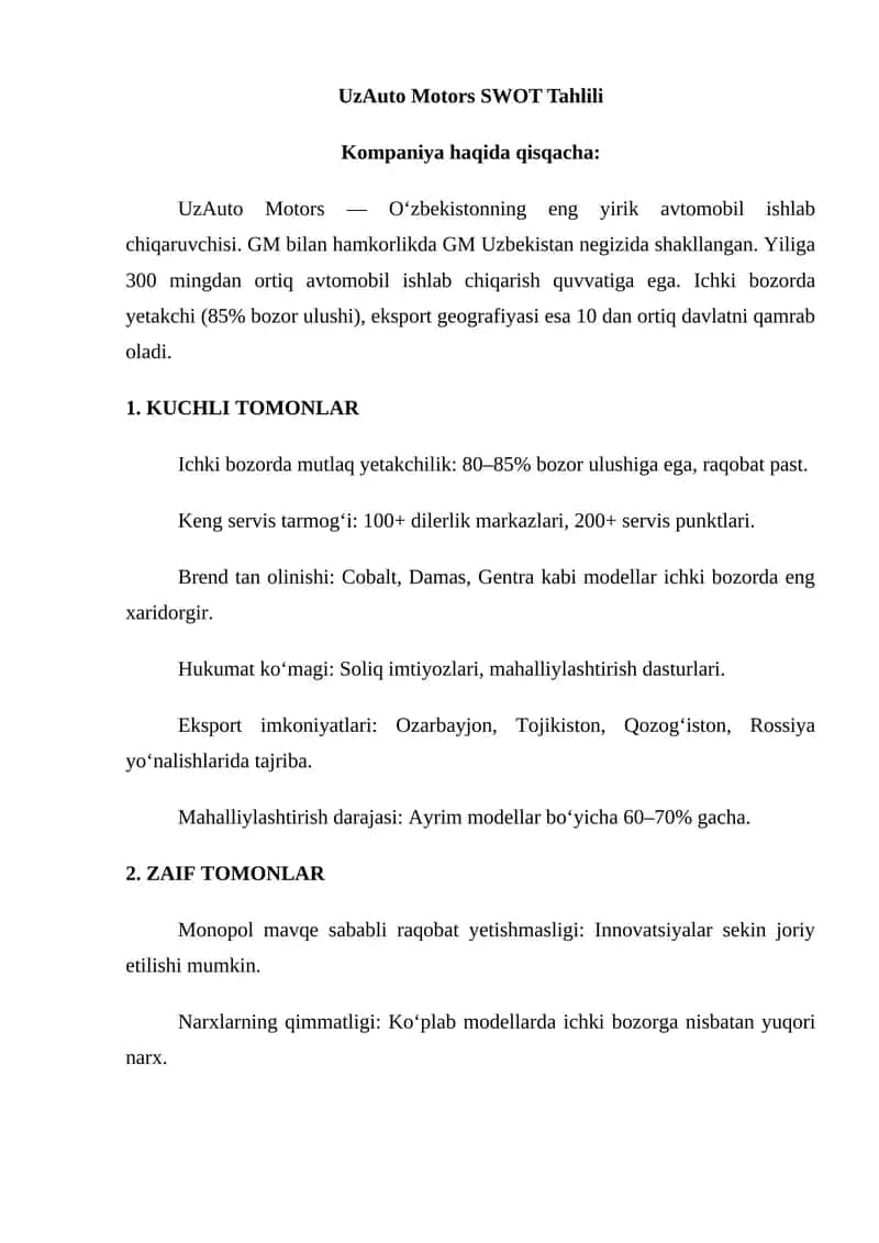 UzAuto Motors SWOT Tahlili 1