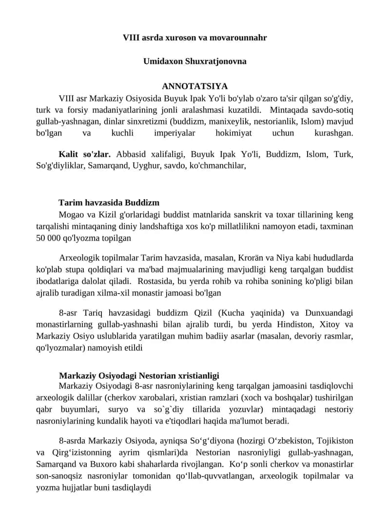 VIII asrda xuroson va movarounnahr 1