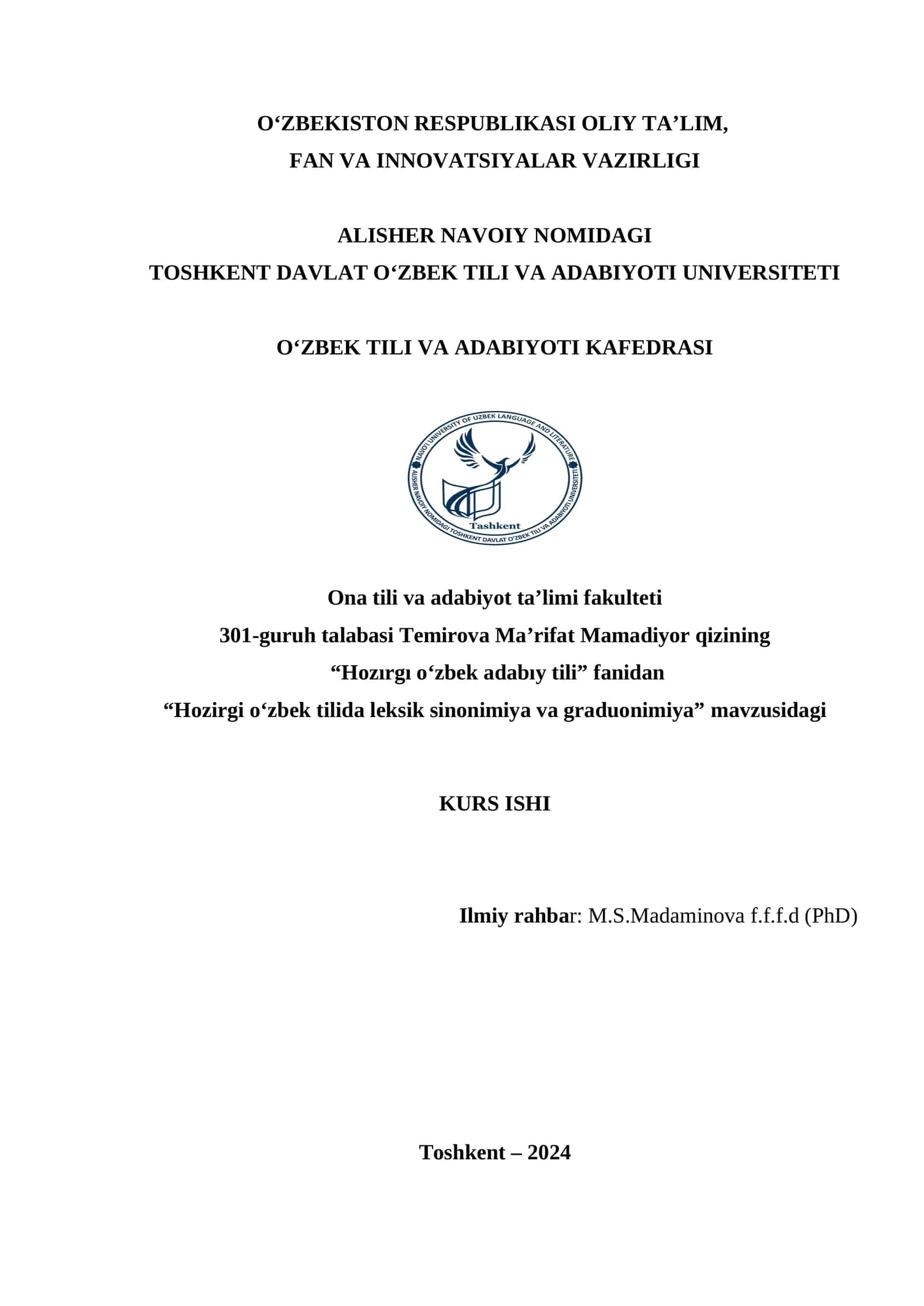 HOZIRGI O‘ZBEK TILIDA LEKSIK SINONIMIYA VA GRADUONIMIYA 1