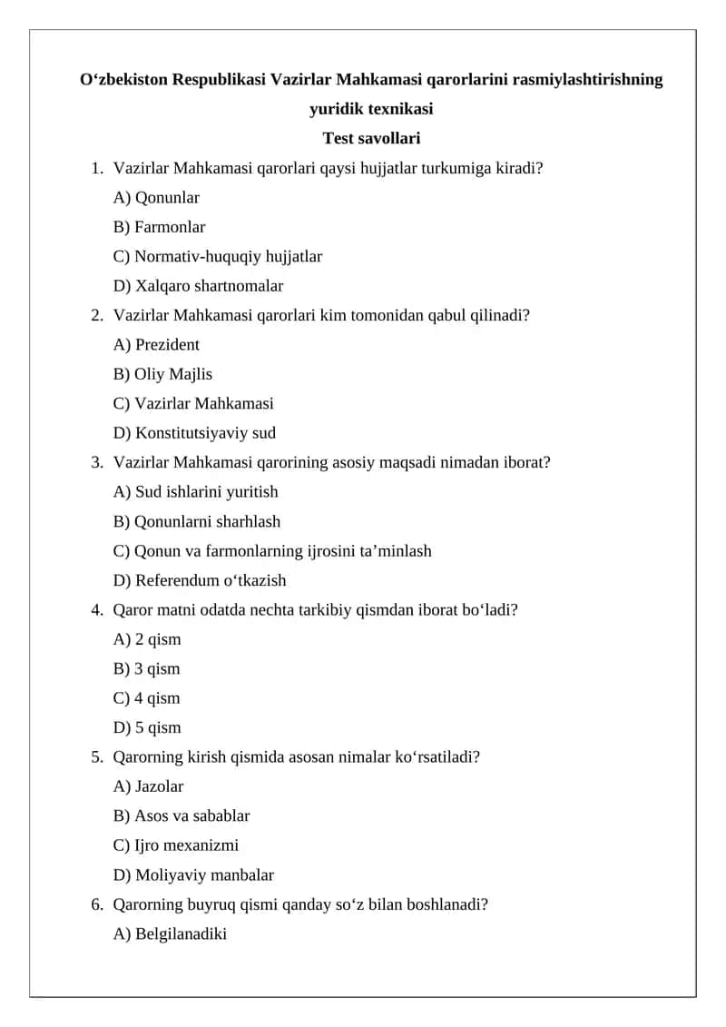 O‘zbekiston Respublikasi Vazirlar Mahkamasi qarorlarini rasmiylashtirishning yuridik texnikasi 1