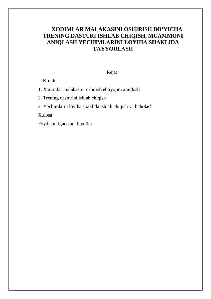 Malaka oshirish bo'yicha trening dasturi 1