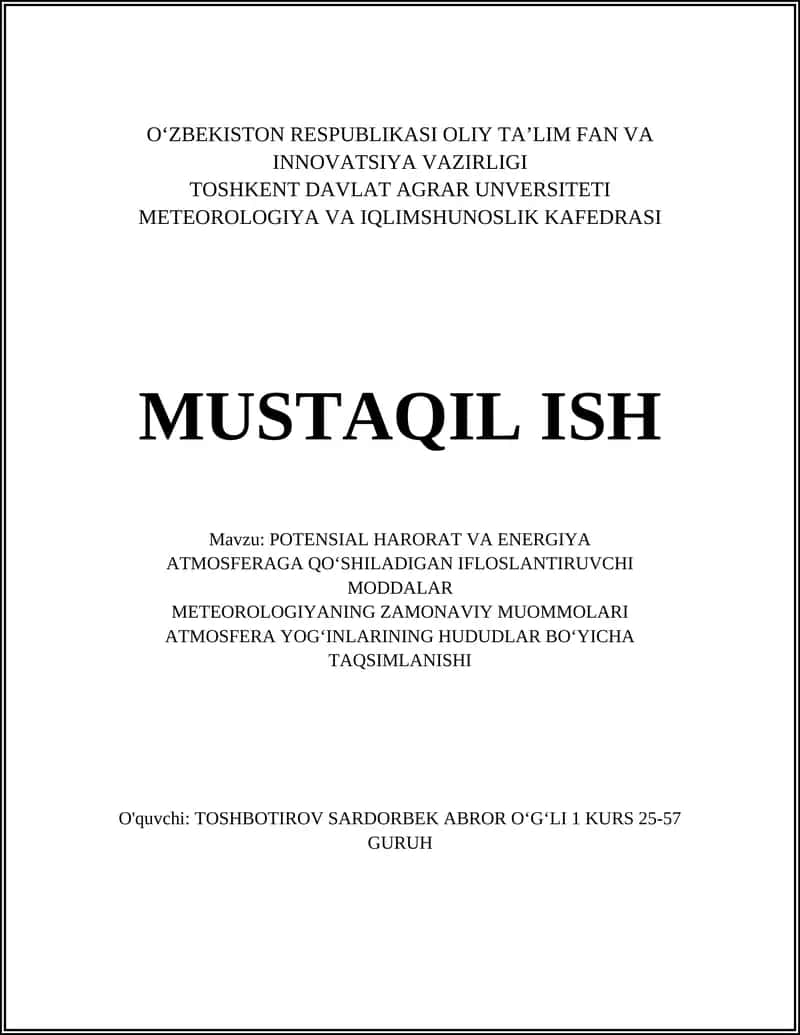 POTENSIAL HARORAT VA ENERGIYA ATMOSFERAGA QOʻSHILADIGAN IFLOSLANTIRUVCHI MODDALAR 1