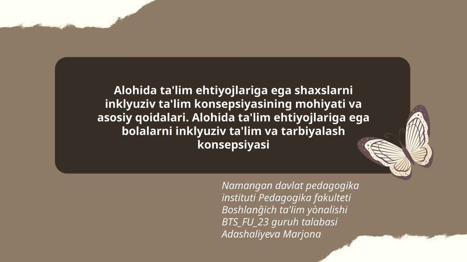 Alohida ta'lim ehtiyojlariga ega shaxslarni inklyuziv ta'lim konsepsiyasining mohiyati va asosiy qoidalari. Alohida ta'lim ehtiyojlariga ega bolalarni inklyuziv ta'lim va tarbiyalash konsepsiyasi 1