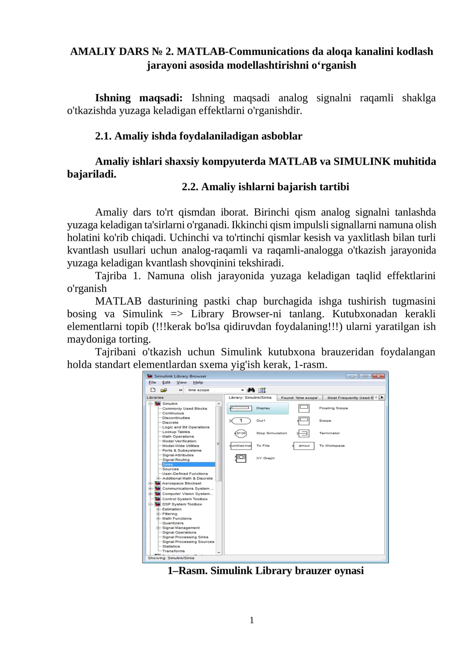 AMALIY DARS № 2. MATLAB-Communications da aloqa kanalini kodlash jarayoni asosida modellashtirishni o‘rganish 1