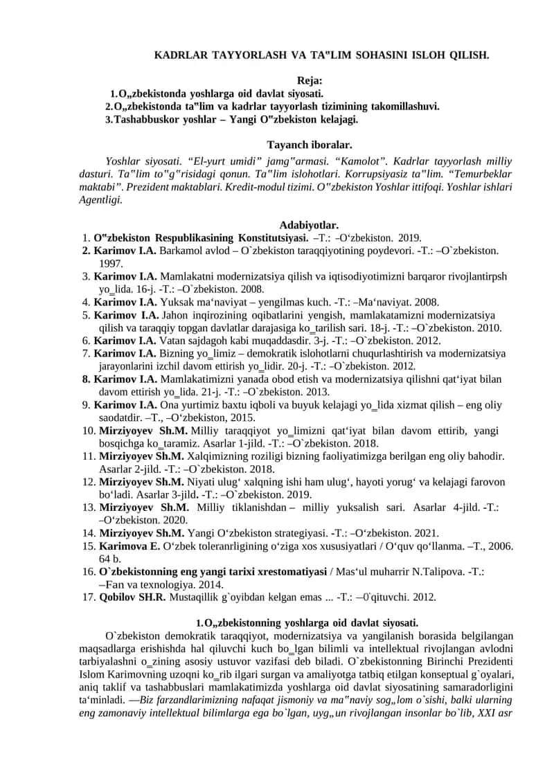 KADRLAR TAYYORLASH VA TA‟LIM SOHASINI ISLOH QILISH 1