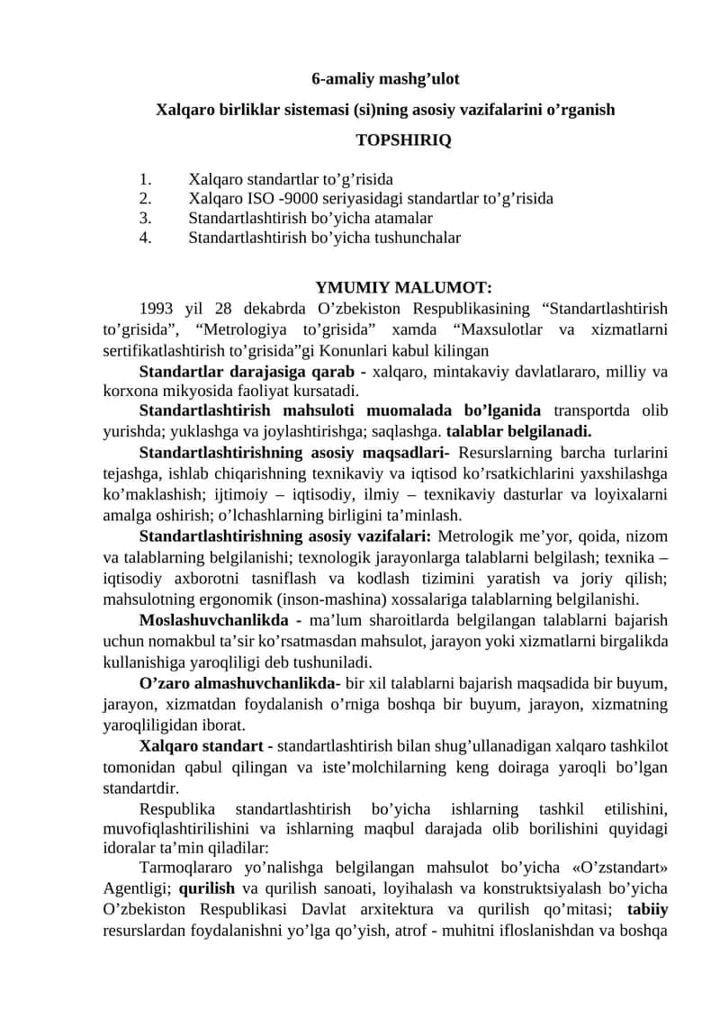 Xalqaro birliklar sistemasi (si)ning asosiy vazifalarini o’rganish 1