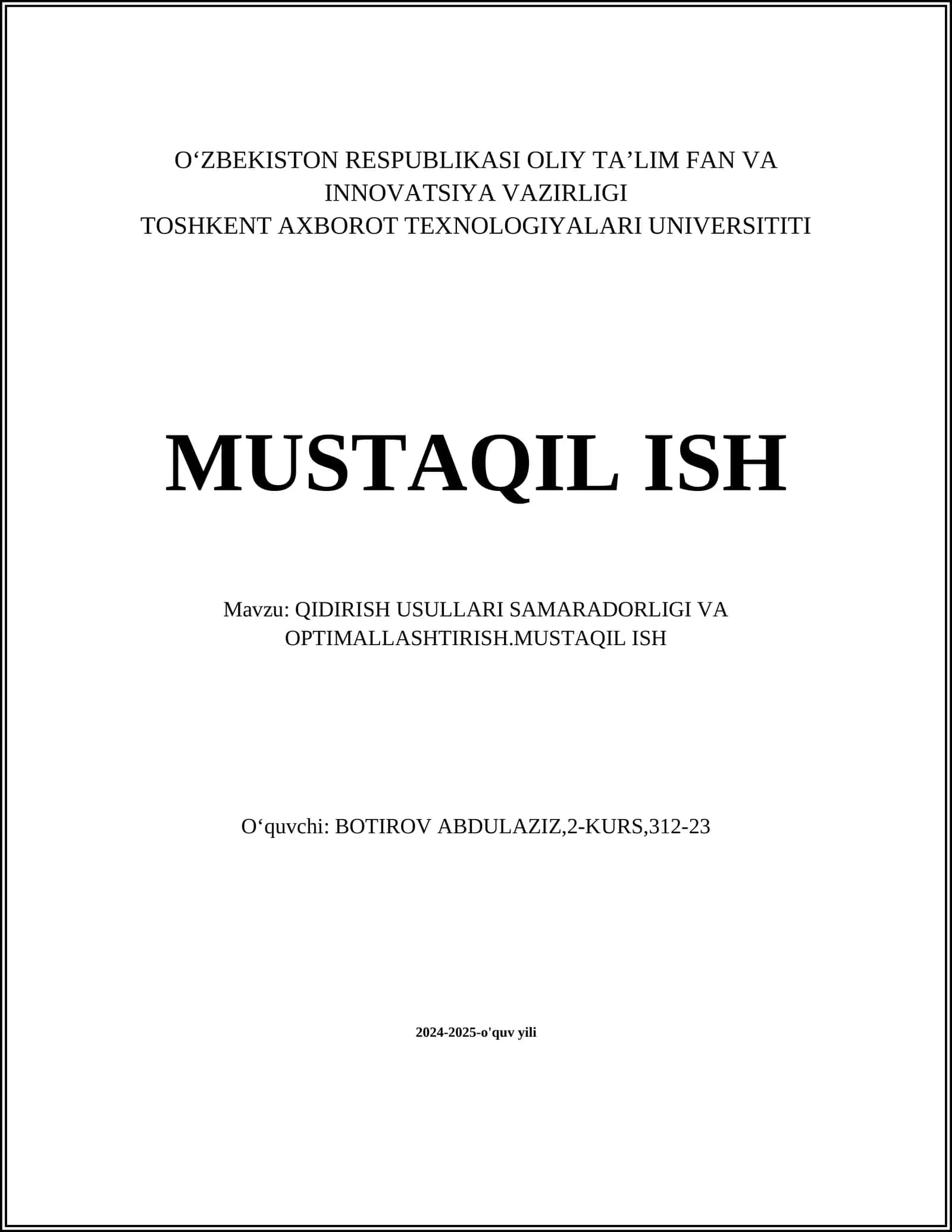 QIDIRISH USULLARI SAMARADORLIGI VA OPTIMALLASHTIRISH 1