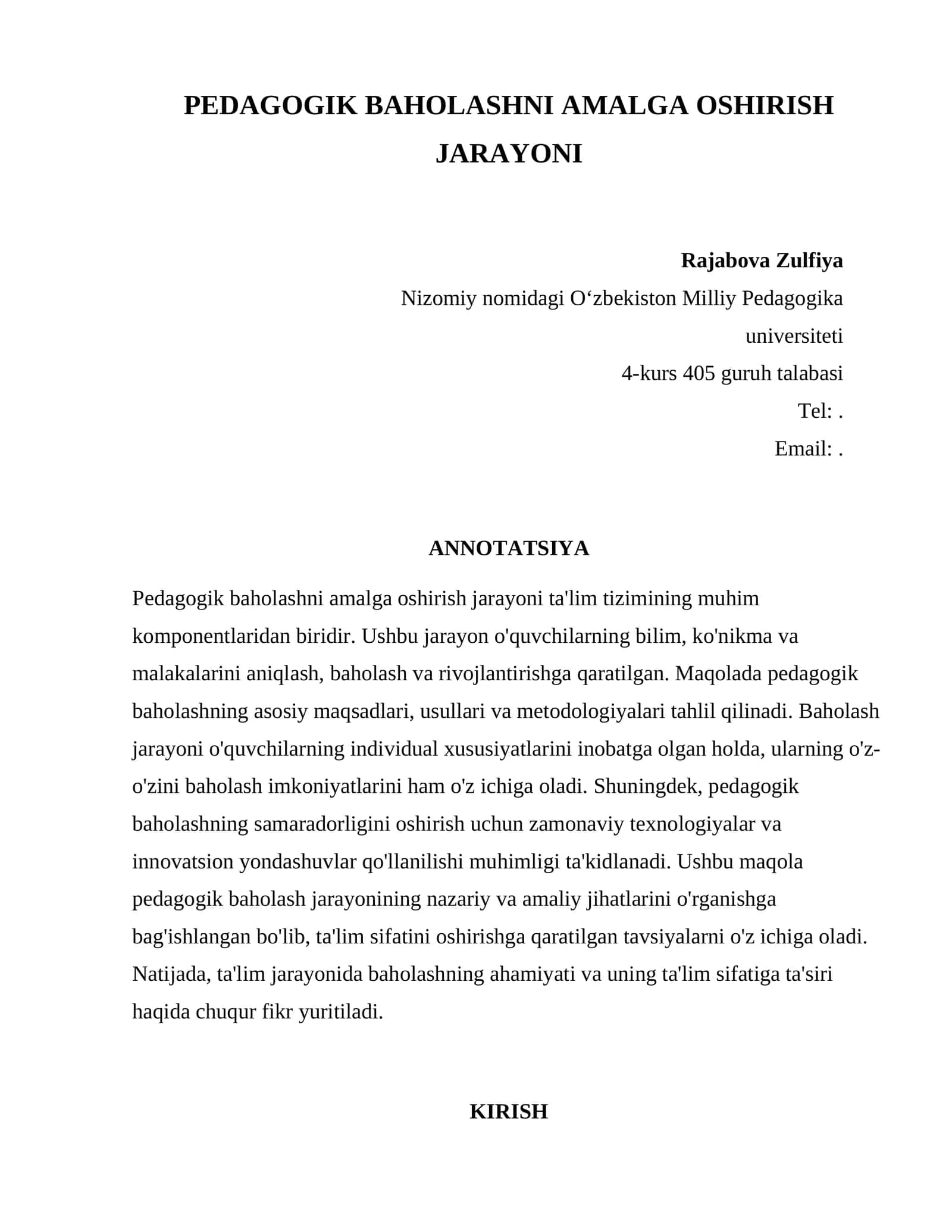 PEDAGOGIK BAHOLASHNI AMALGA OSHIRISH JARAYONI 1