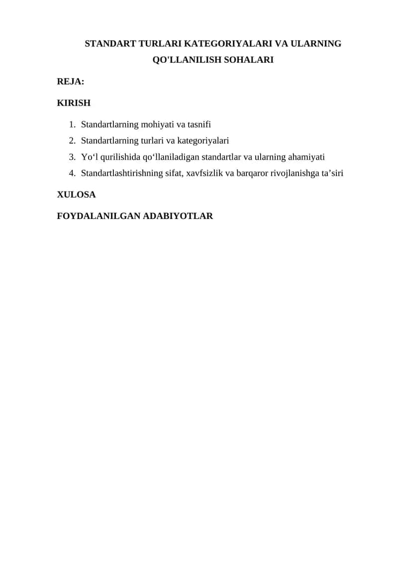 STANDART TURLARI KATEGORIYALARI VA ULARNING QO'LLANILISH SOHALARI 1