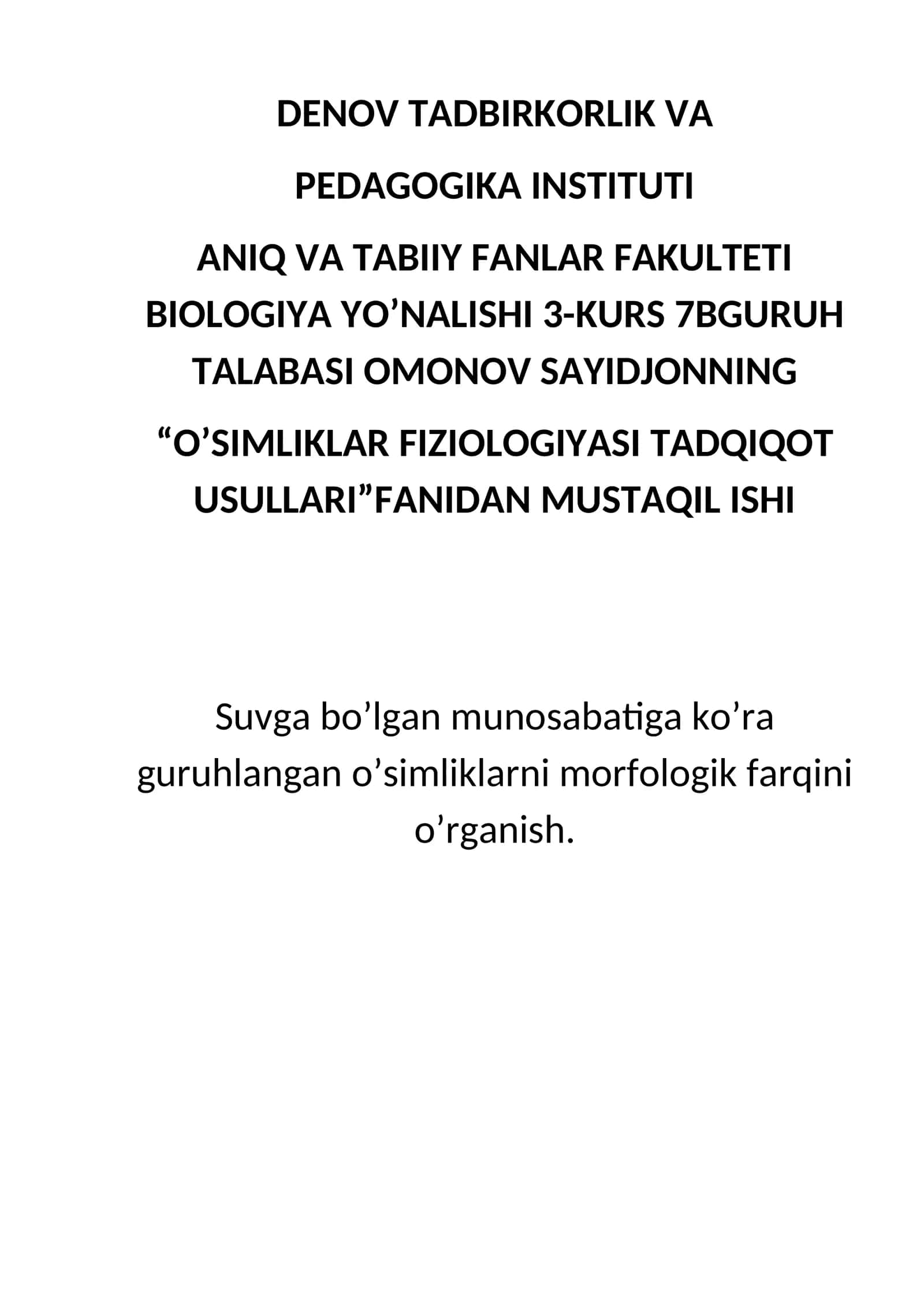 O'Simliklar  ekologik guruhlarga ajratish 1
