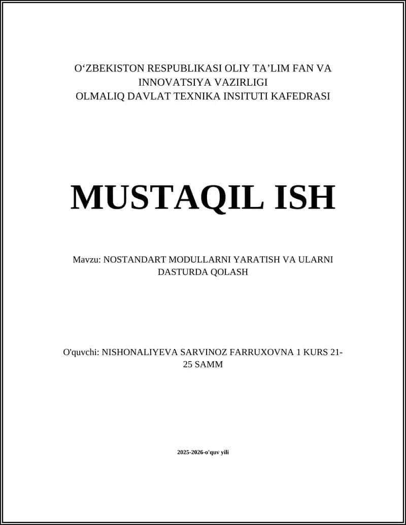 NOSTANDART MODULLARNI YARATISH VA ULARNI DASTURDA QOLASH 1