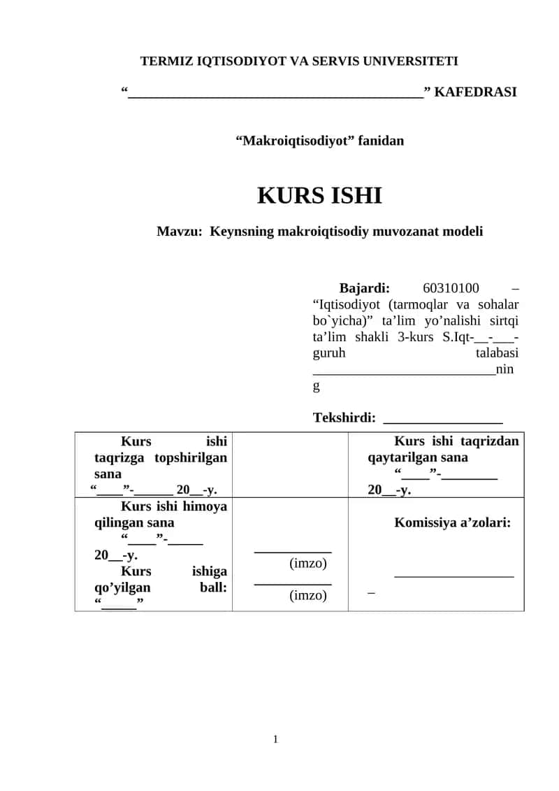 Keynsning makroiqtisodiy muvozanat modeli 1